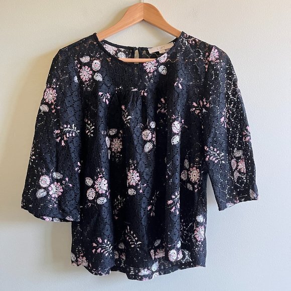 LOFT ANN TAYLOR Eyelet Top 3/4 Sleeve Floral Print Crewneck Womens Size S Blouse - Picture 1 of 5